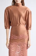 Rabanne Puff Sleeve Ruched Mock Neck Top
