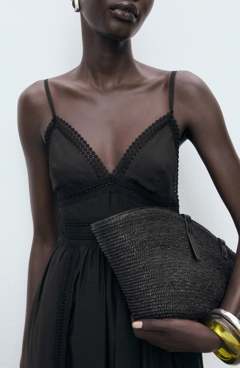 MANGO Lace Trim Tiered Maxi Sundress, Alternate, color, Black