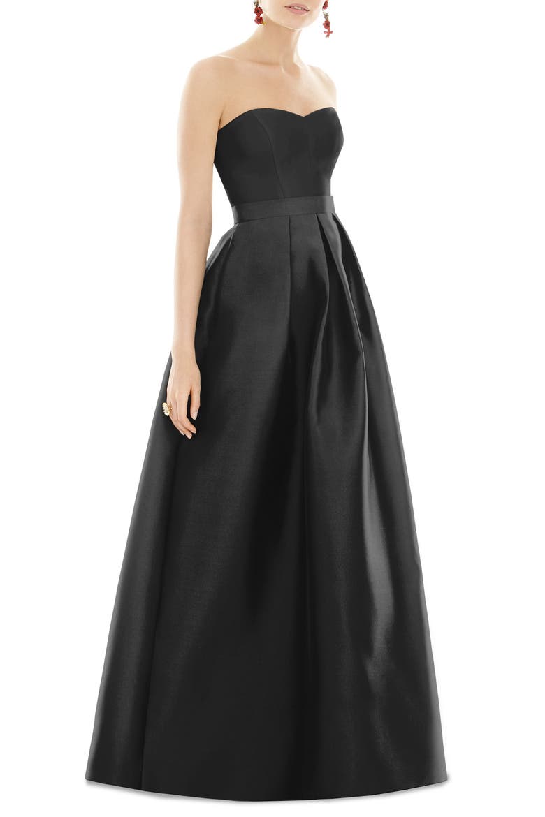 Strapless Satin Twill A-Line Gown, Main, color, BLACK