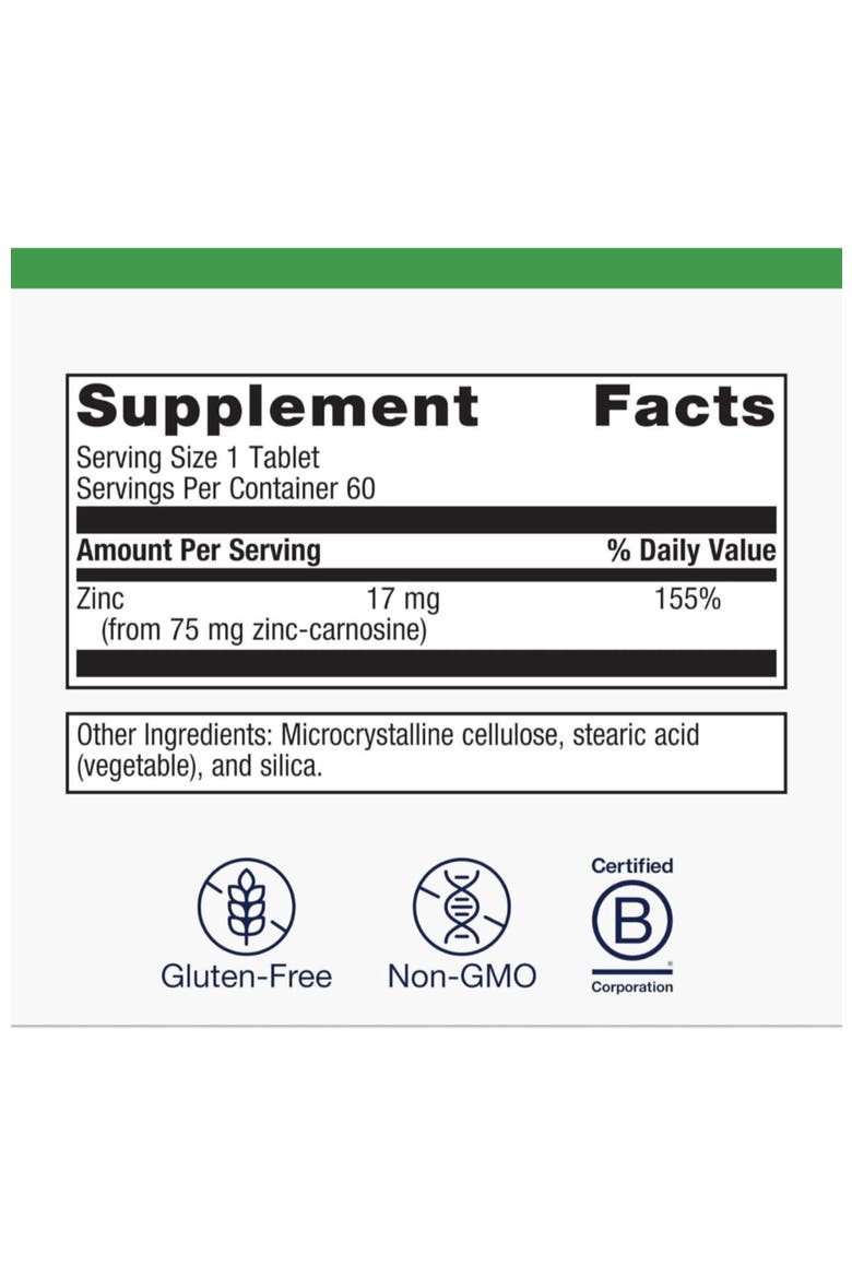 Zinlori 75 High Potency Zinc Carnosine Complex Supplement 60 Tablets, Alternate, color, None