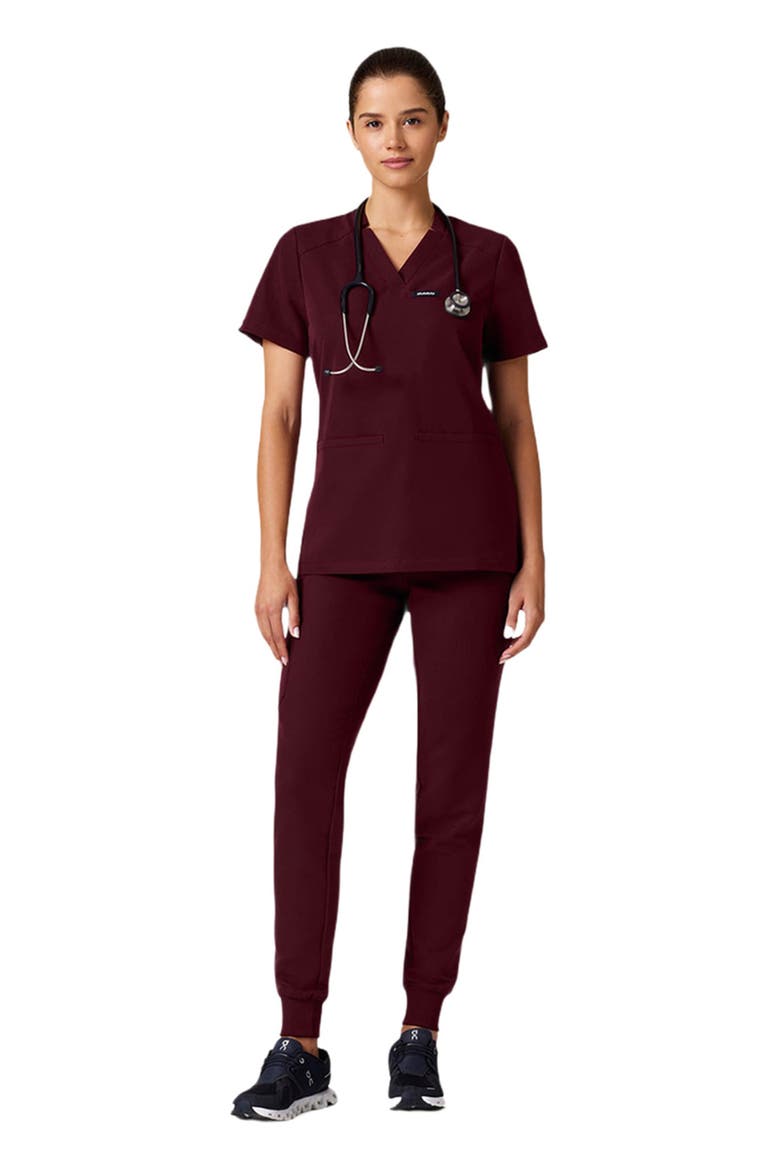 Helia Women's 3-Pocket Slim Notched V-Neck Scrub Top, Alternate, color, Burgundy