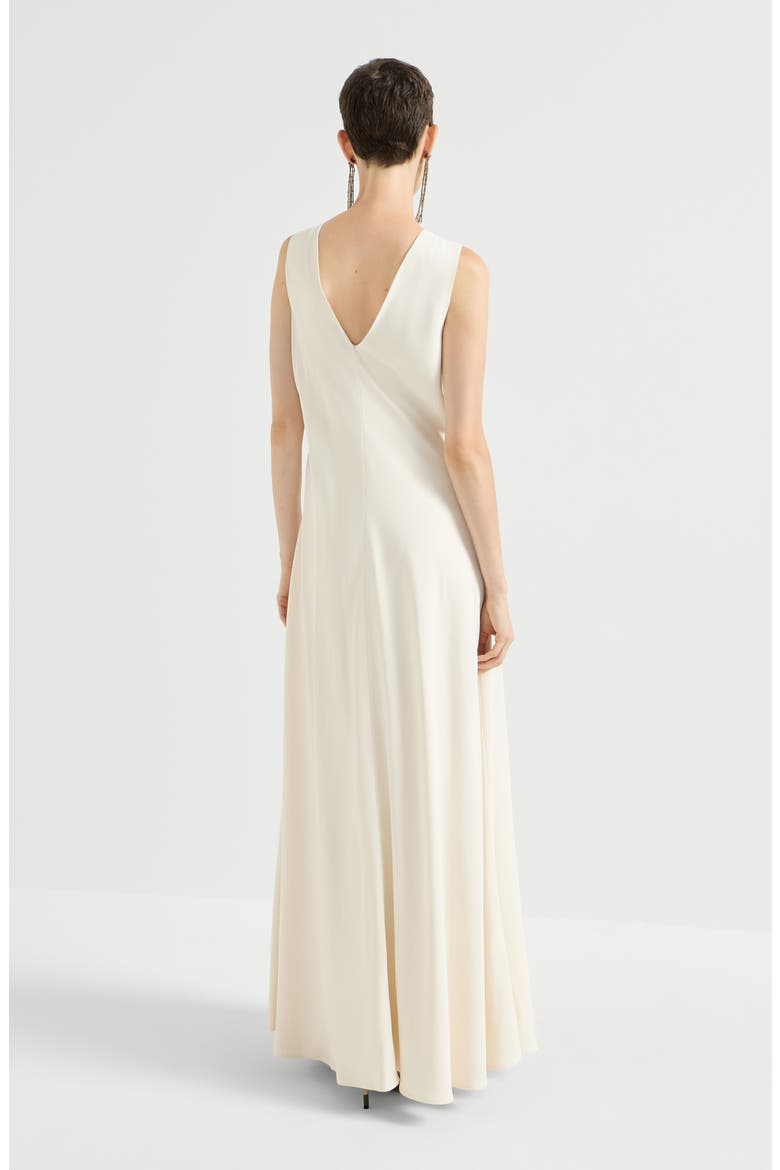 Silk and acetate crêpe cady fluid dress with precious neckline, Alternate, color, Chalk