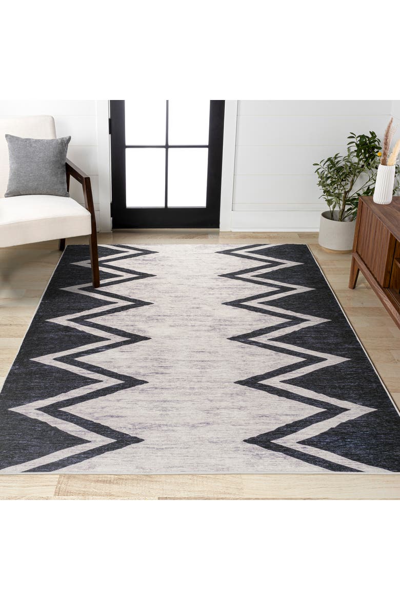 Siksak Modern Chevron Border Machine-Washable Area Rug, Alternate, color, Ivory/Navy
