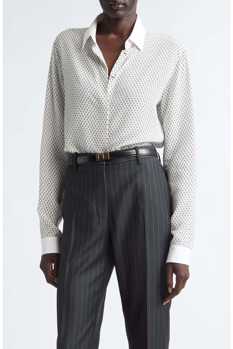 Diamond Print Silk Crepe Button-Up Shirt, Main, color, OFF WHITE/ BLACK