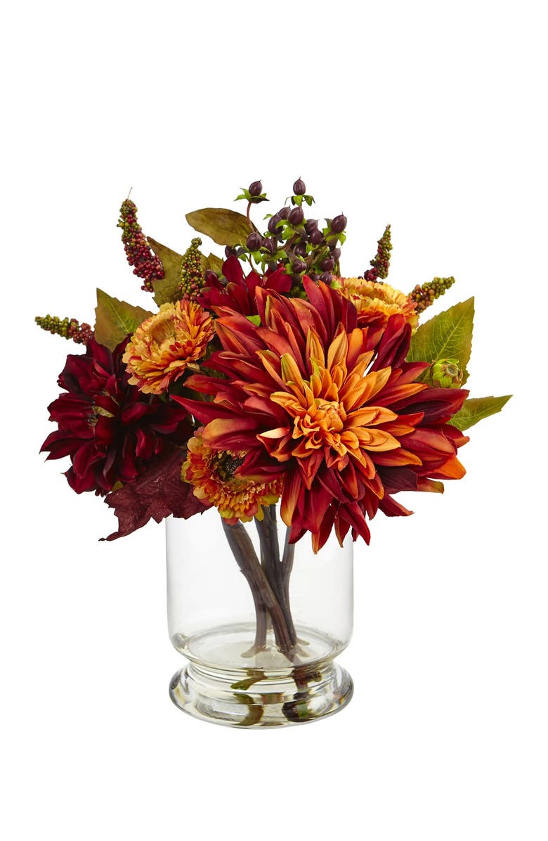 NEARLY NATURAL Orange Dahlia & Mum with Vase Arrangement, Alternate, color, 