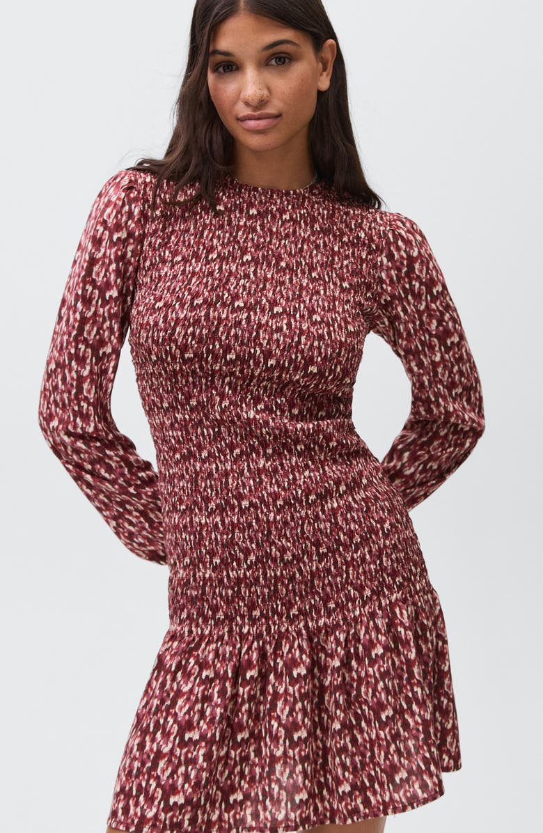 MANGO TEEN Smocked Long Sleeve Dress, Alternate, color, Maroon