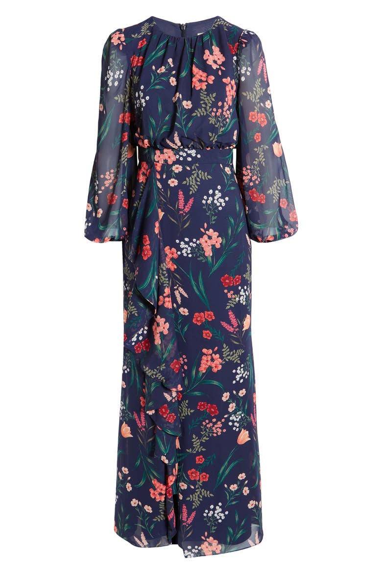 Floral Cascade Ruffle Long Sleeve Dress, Alternate, color, NAVY