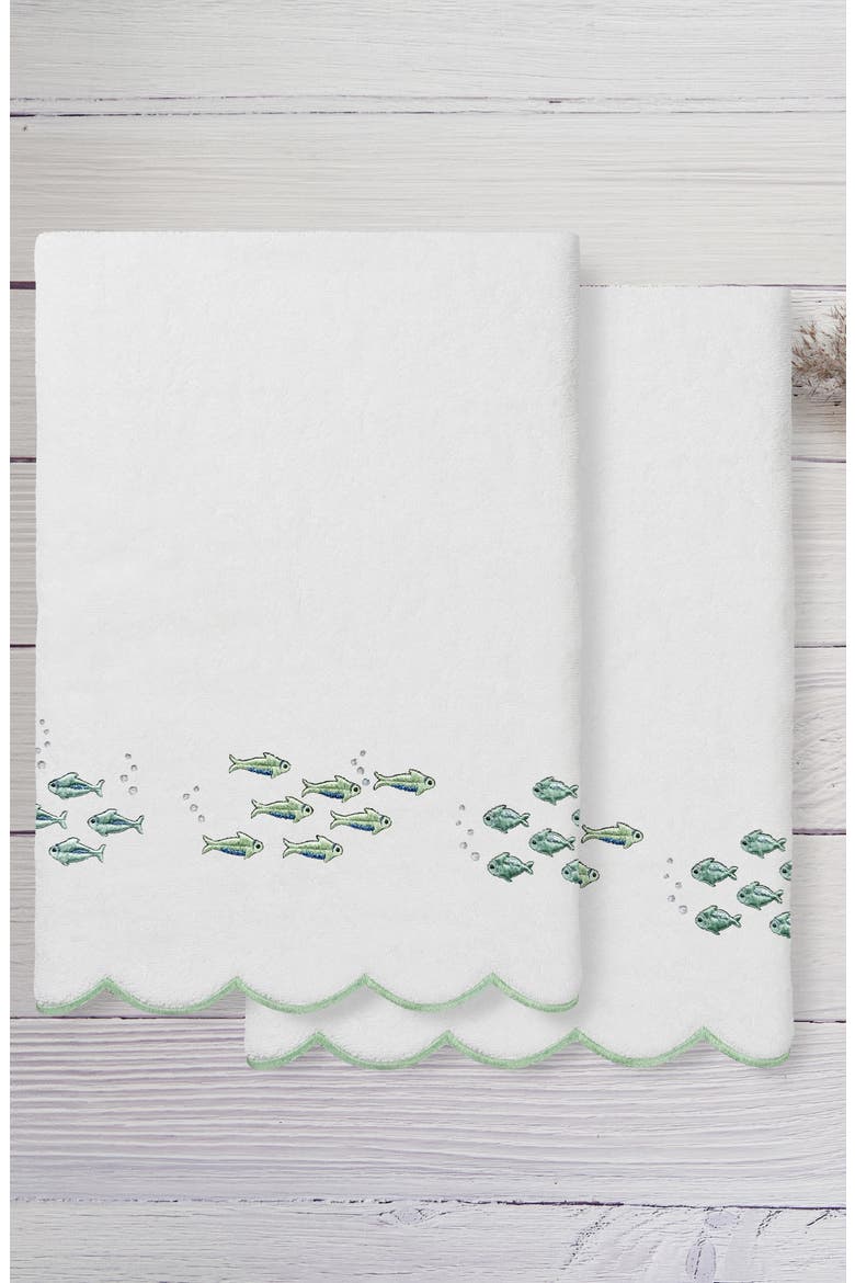 Fish School Scallop 2-Piece Bath Towel Set, Alternate, color, WHITE/ GREEN