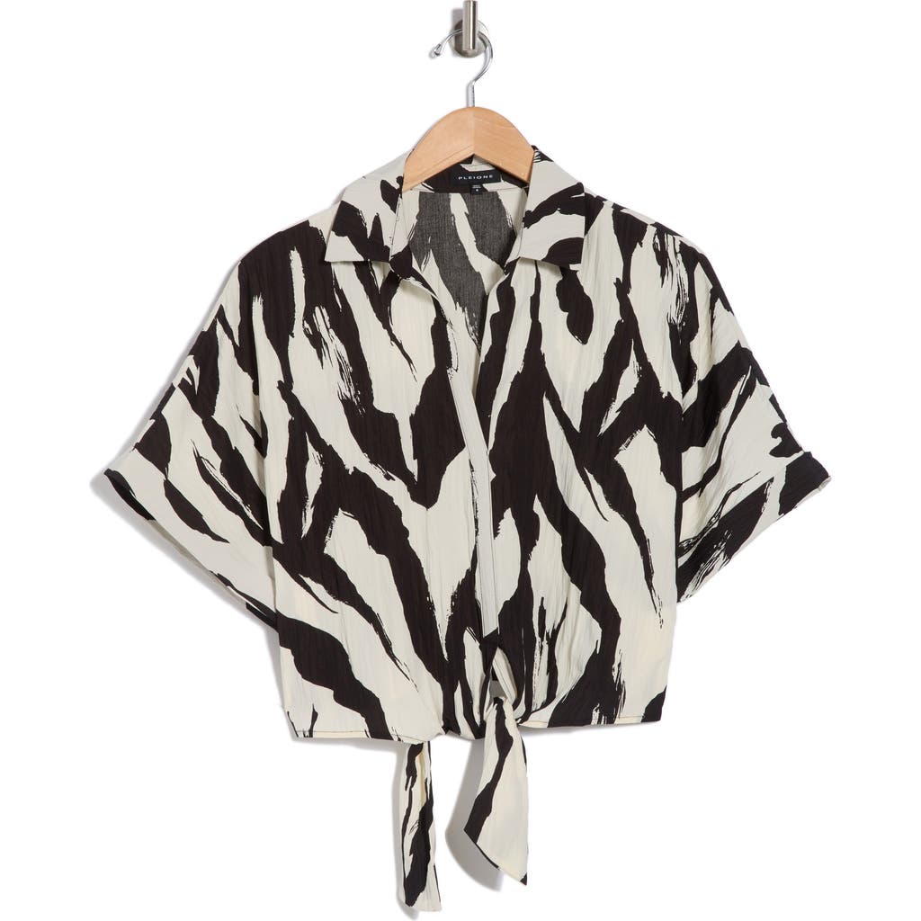 Pleione Front Tie Textured Popover Top In Cream/black Paint Stroke