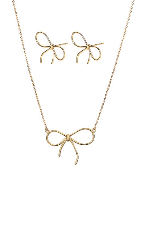 Sterling Silver 18k Gold Plated Colette Chic Bow Necklace & Stud Earrings Set