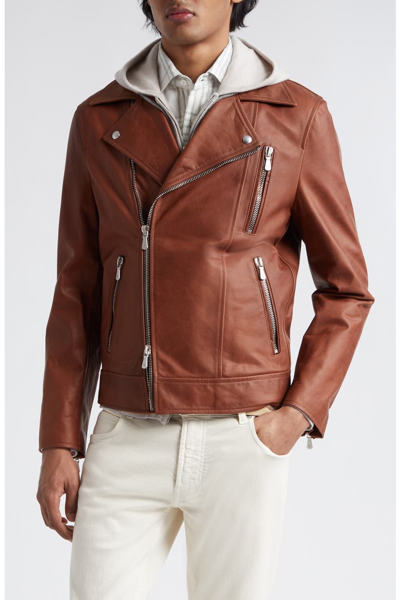 Leather Biker Jacket, Main, color, BROWN