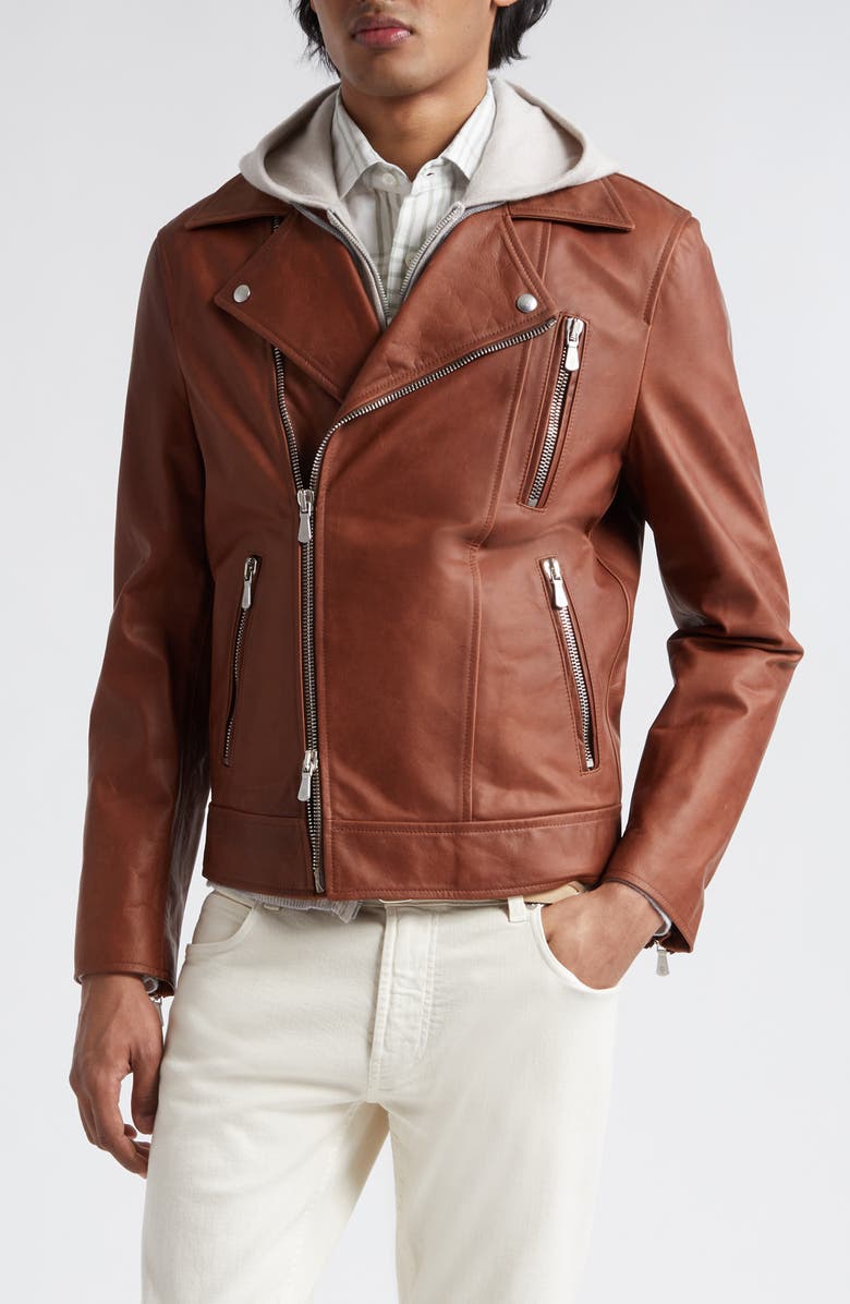 Eleventy Leather Biker Jacket, Main, color, Brown