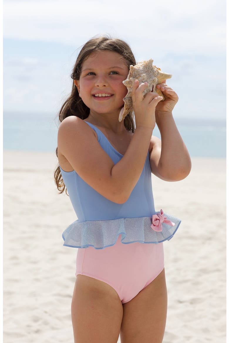 Silver Shimmer Ruffle and Bow One-Piece Swimsuit, Alternate, color, Blue-Pink