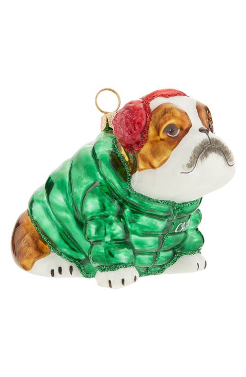 Chill Bulldog in Puffer Coat Glass Ornament