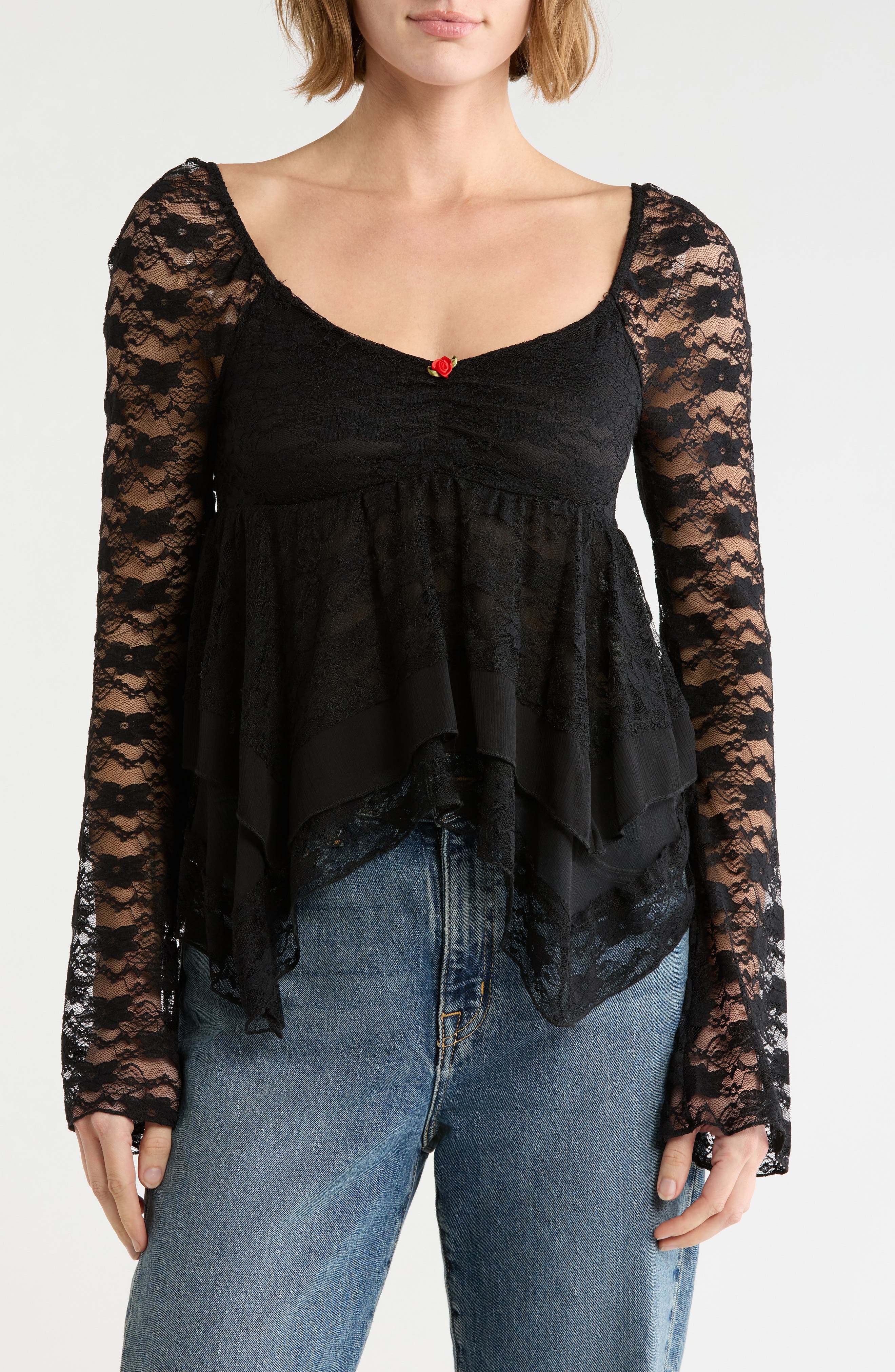 Lace and Woven Trim Sweetheart Neck Top
