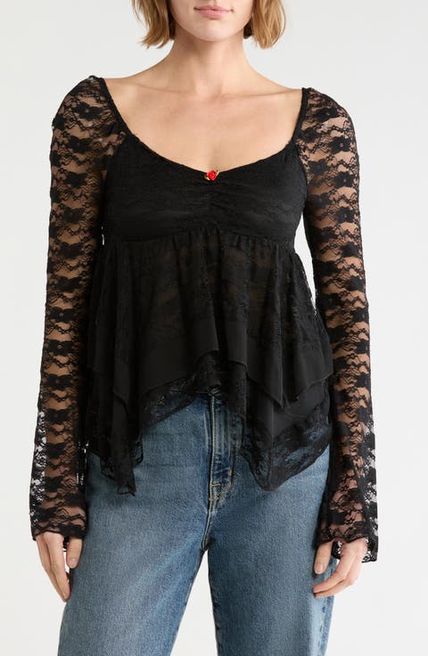 Lace and Woven Trim Sweetheart Neck Top