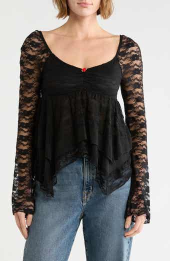 Lace and Woven Trim Sweetheart Neck Top