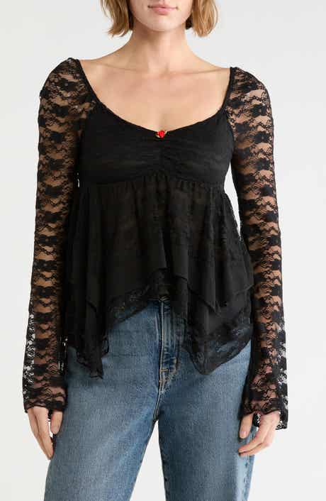 Lace and Woven Trim Sweetheart Neck Top
