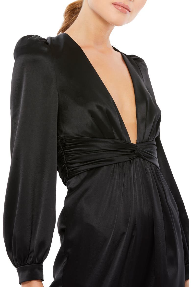 Plunge Neck Long Sleeve Satin Jumpsuit, Alternate, color, BLACK