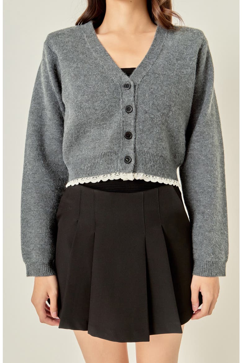 Lace Trim Cardigan, Alternate, color, CHARCOAL
