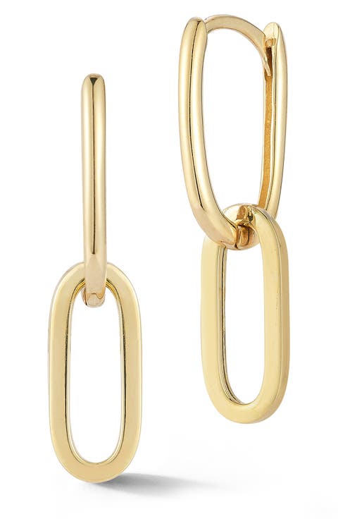 14K Yellow Gold Oval Drop Huggie Hoop Earrings
