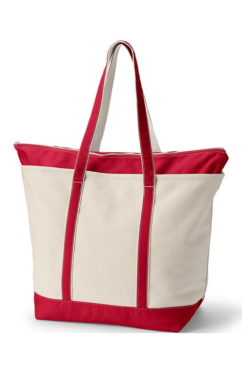 Lands' End Zip Top Long Handle Canvas Tote Bag In Natural/heritage Red