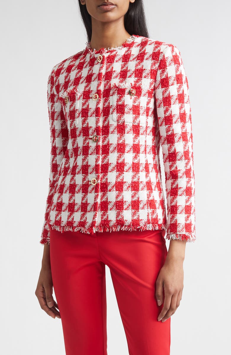 ST. JOHN Lora Textured Gingham Tweed Jacket, Main, color, Scarlet/ Bright White