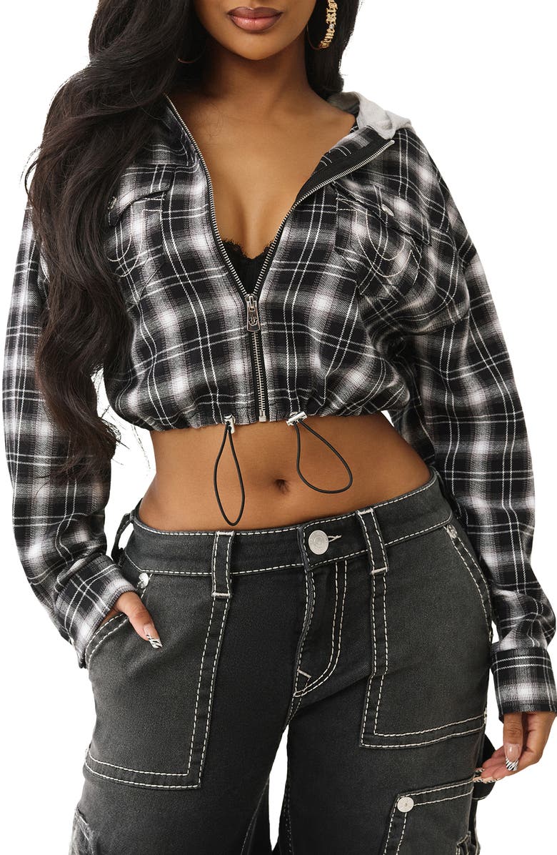 True Religion Plaid Zip Crop Hoodie, Main, color, Black / White Plaid