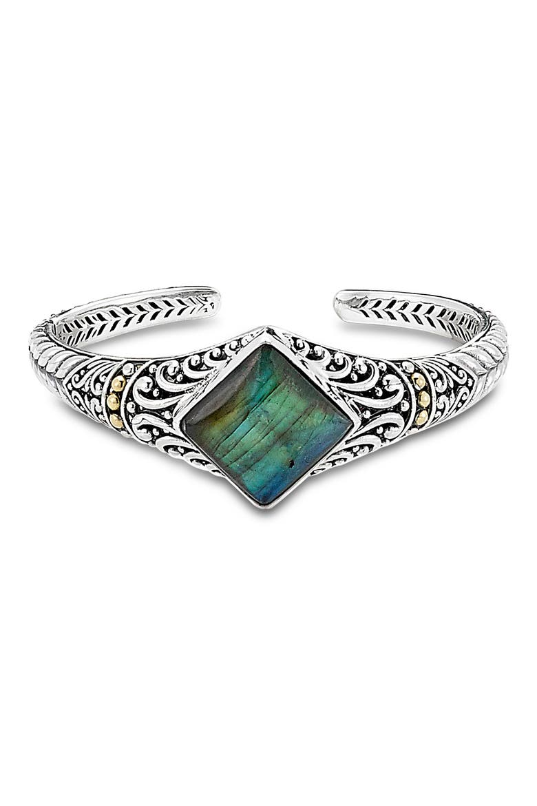 18K Yellow Gold & Sterling Silver Labradorite Bangle, Main, color, GREEN