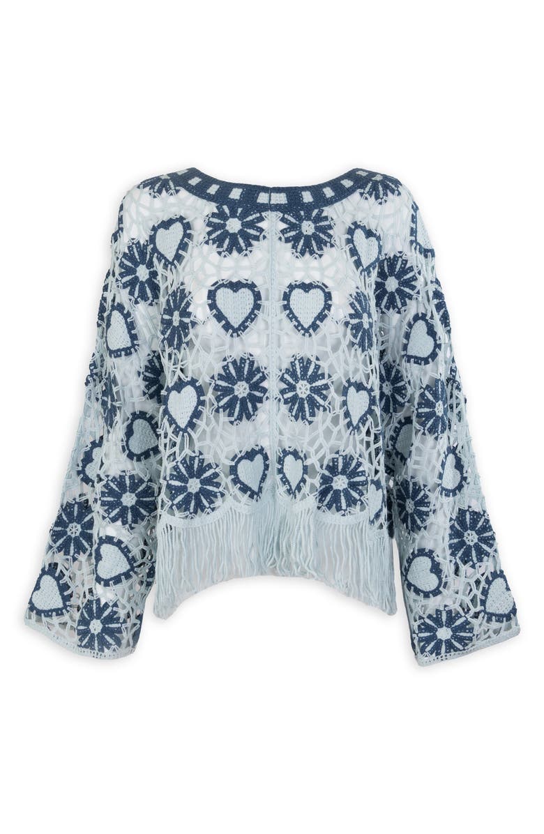 SAACHI Heart Fringe Trim Crochet Poncho, Main, color, Blue
