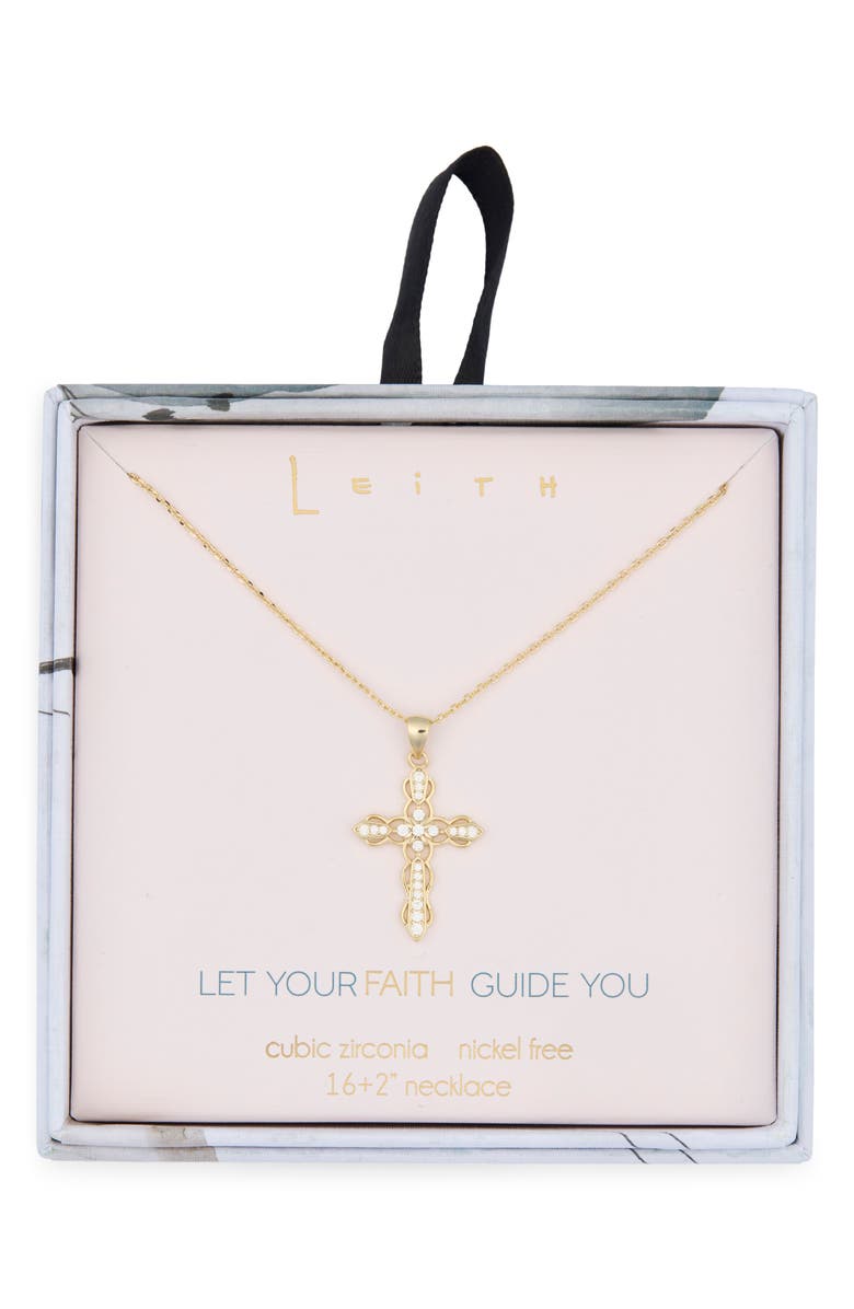 Leith Pavé Crystal Cross Pendant Necklace, Main, color, Clear- Gold