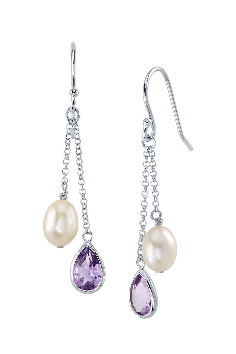 White Freshwater Drop Shape Cultured Pearl & amethyst Earrings, Main, color, Sterling Silver