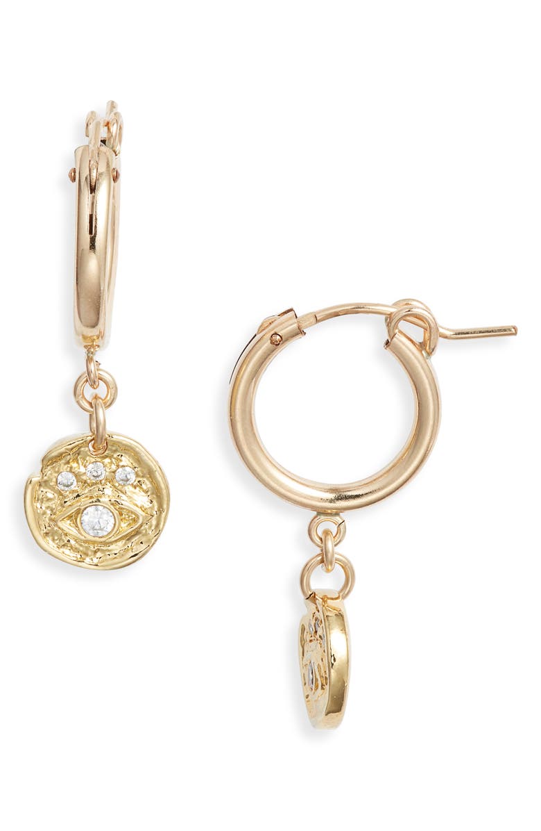 Set & Stones Evie Evil Eye Charm Huggie Hoops, Main, color, Gold
