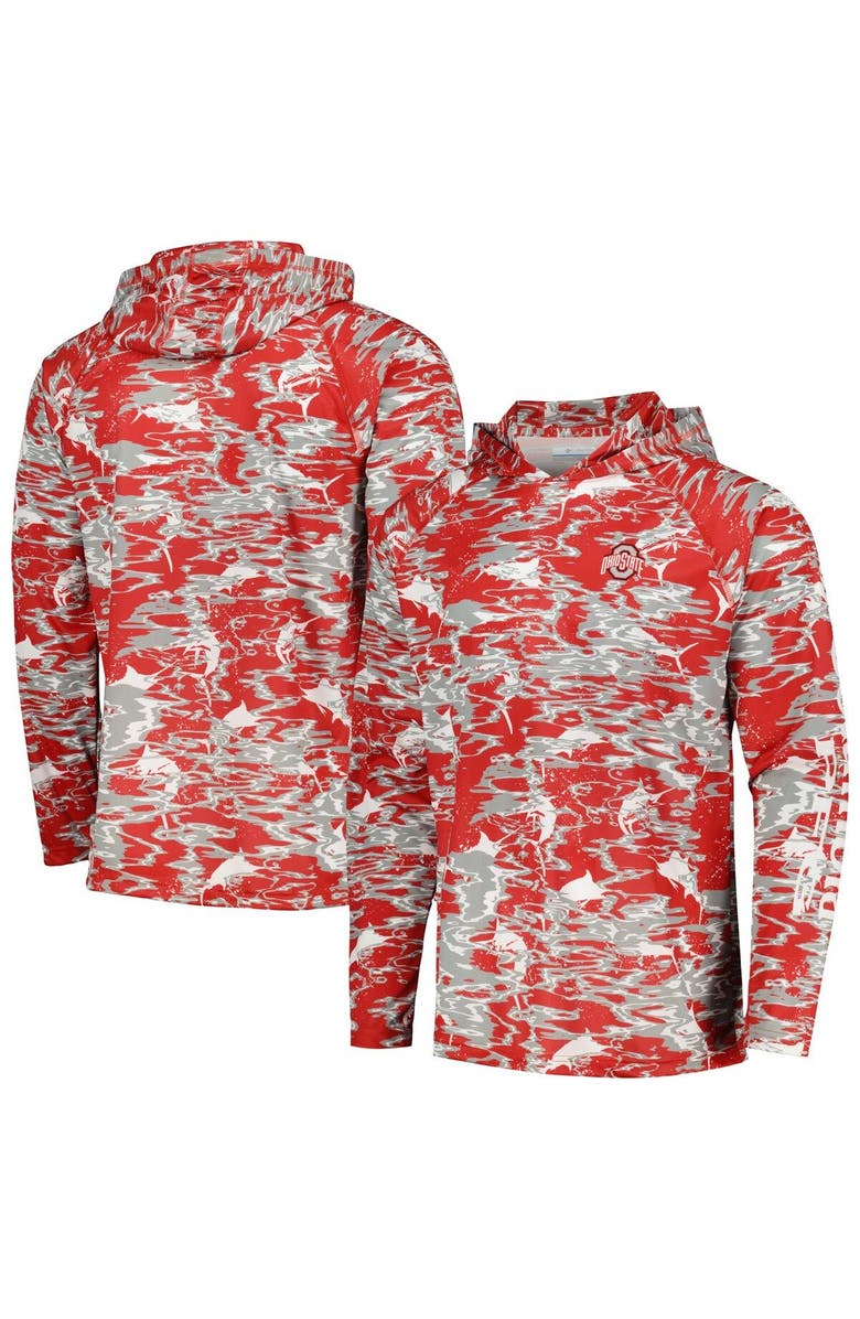 Columbia Men's Columbia Scarlet Ohio State Buckeyes PFG Terminal Tackle Omni-Shade Rippled Long Sleeve Hooded T-Shirt, Alternate, color, Scarlet