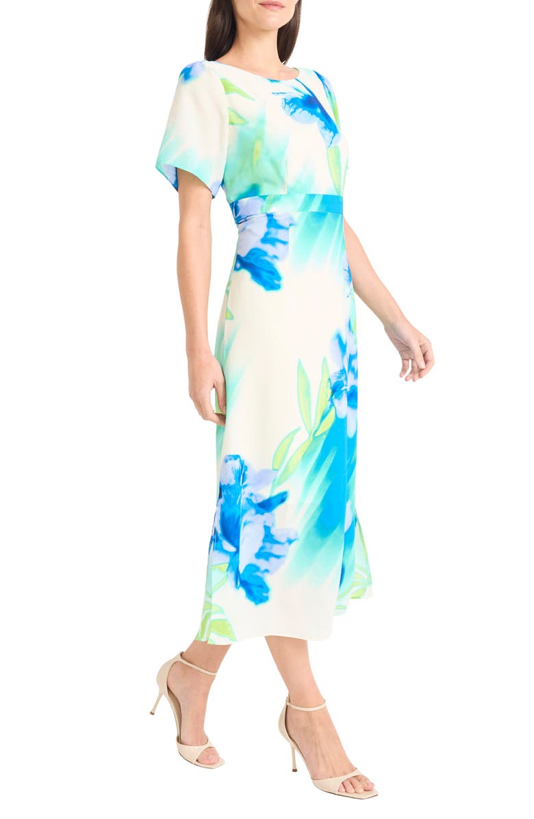 Maggy London Georgette Short Sleeve Midi Dress, Alternate, color, Ivory/ Blue/ Green/ Aqua