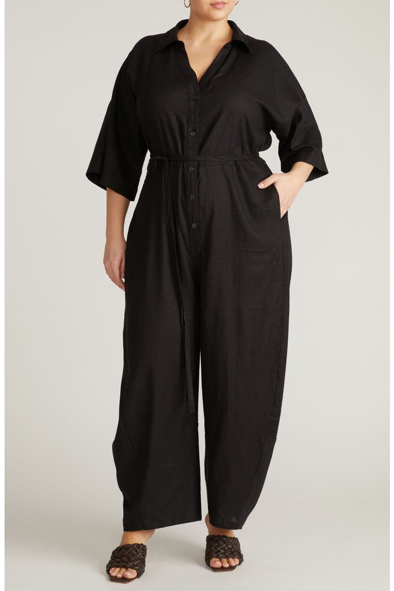 Maggie Linen Blend Jumpsuit, Main, color, BLACK
