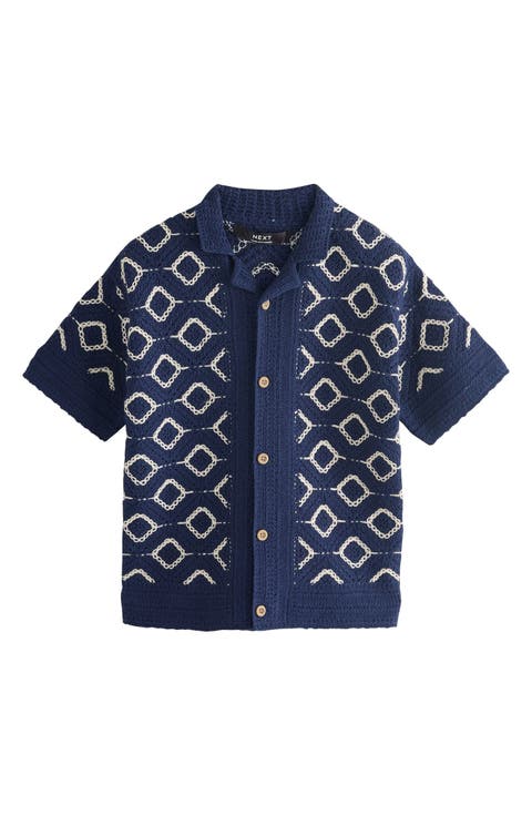 Kids' Diamon Camp Collar Short Sleeve Crochet Cardigan (Toddler & Little Kid)