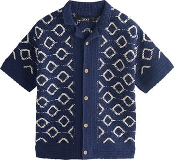 Kids' Diamon Camp Collar Short Sleeve Crochet Cardigan
