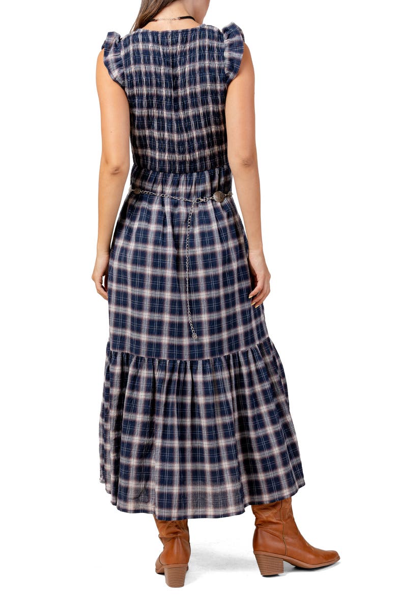 Plaid Smocked Bodice Cotton Midi Dress, Alternate, color, NAVY