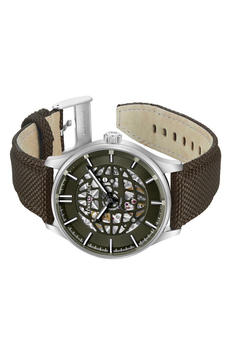 Kenneth Cole New York The Thompson Skeleton Automatic Nylon Strap Watch, 43.5mm, Alternate, color, Dark Brown