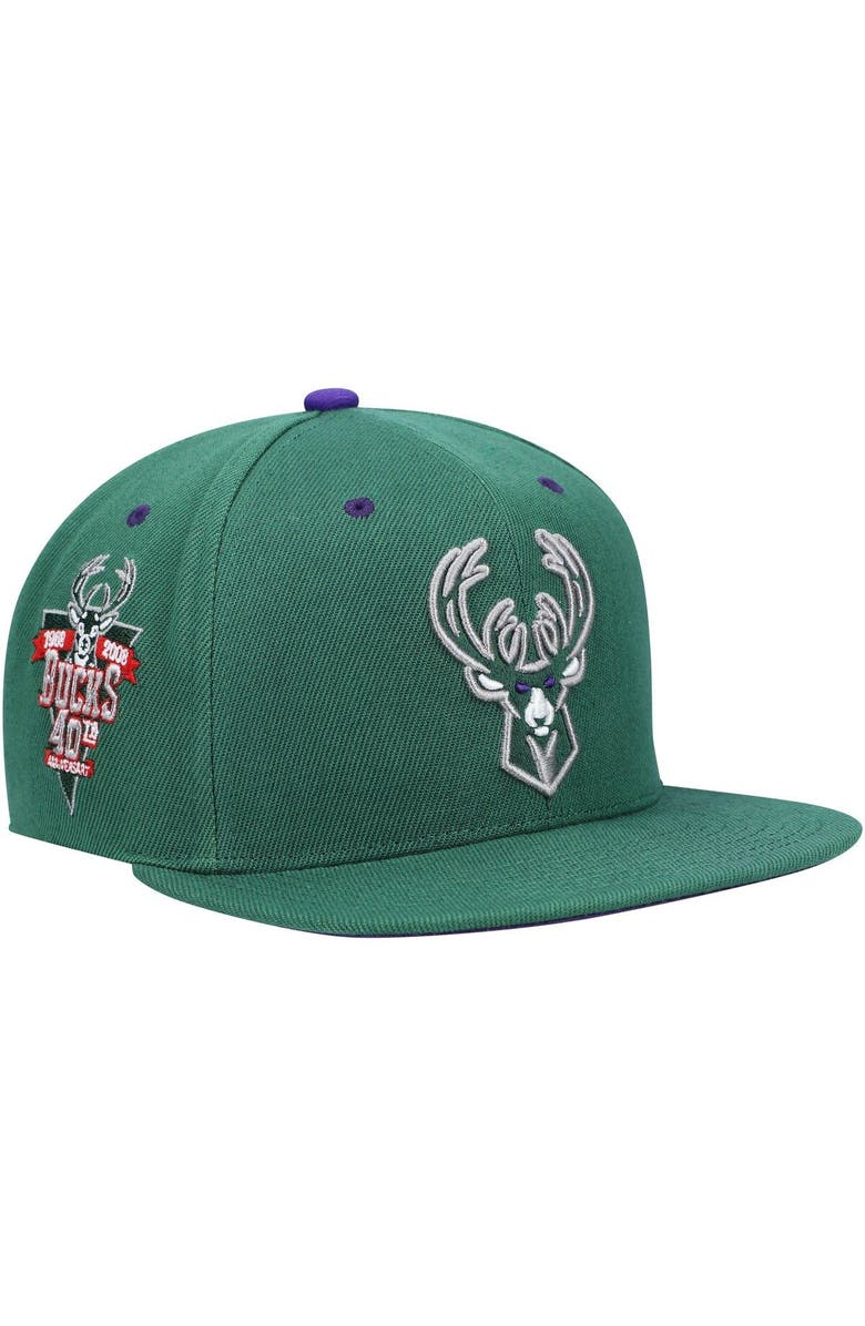 Mitchell & Ness Men's Mitchell & Ness Hunter Green Milwaukee Bucks 40th Anniversary Color Flip Snapback Hat, Main, color, 