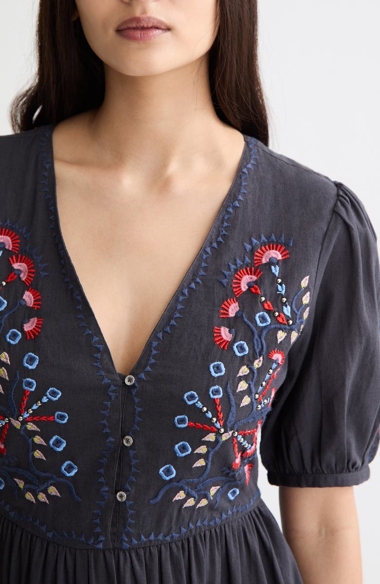 Scotch & Soda Embroidered Puff Sleeve Tiered Cotton & Linen Maxi Dress, Alternate, color, Charcoal Art