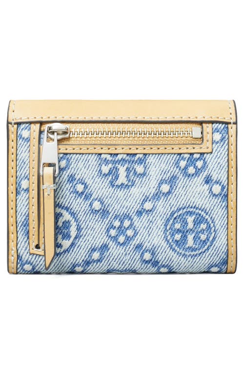 Tory Burch Key Item T Monogram Denim & Leather Wallet In Powder Blue