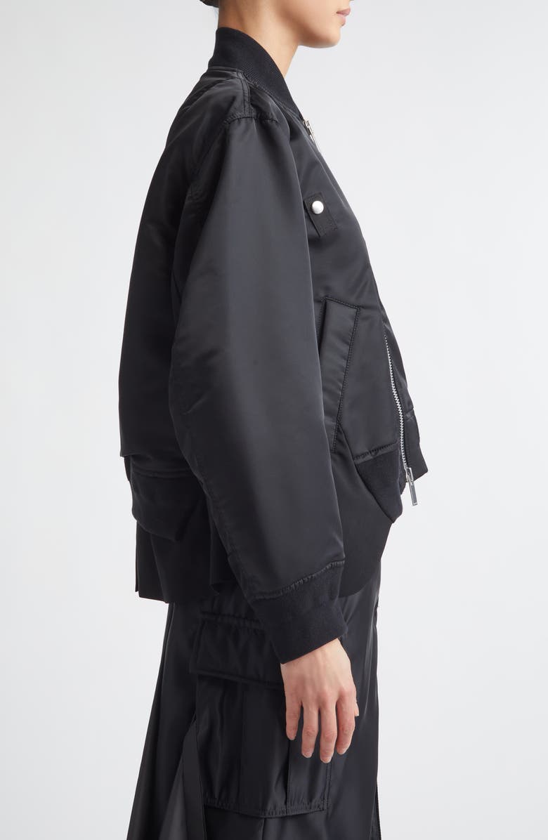 Sacai Mixed Media Nylon Twill & Wool Bomber Jacket, Alternate, color, Black