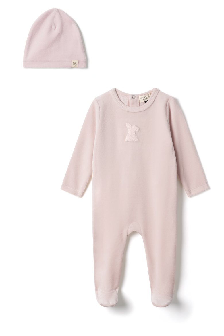 Girl Bunny Applique Velour Romper, Main, color, Primrose