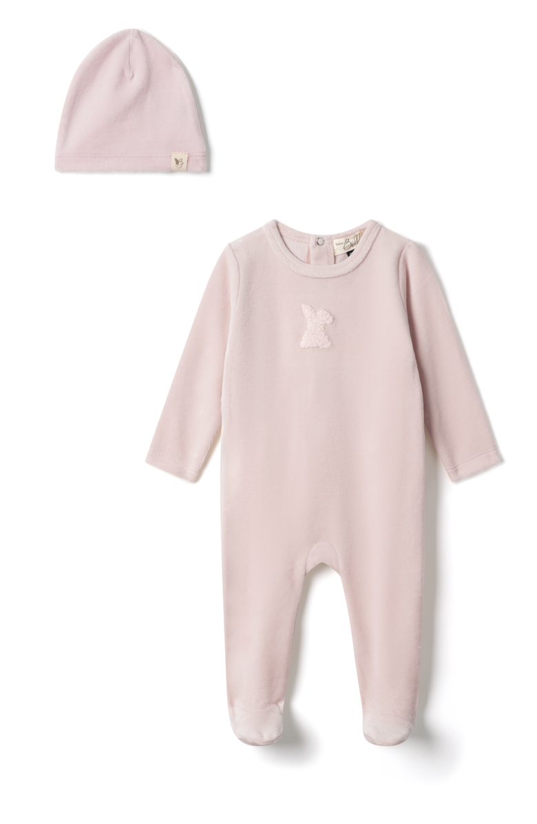 Bebe Bella Girl Bunny Applique Velour Romper, Main, color, Primrose