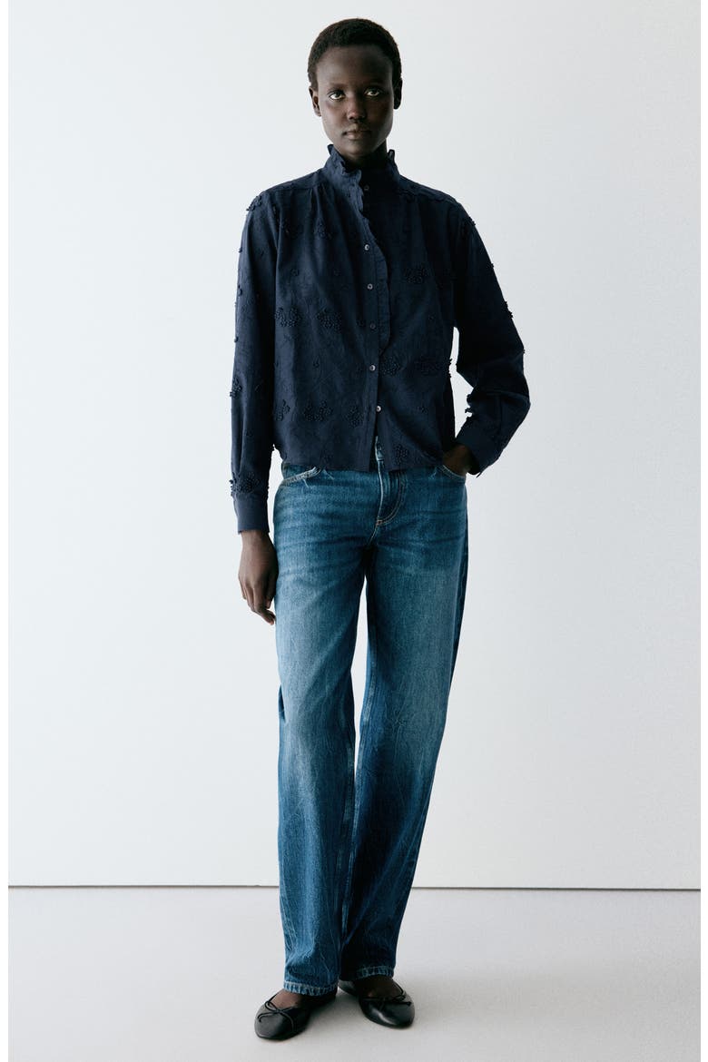 Embroidered Ruffle Shirt, Alternate, color, NAVY