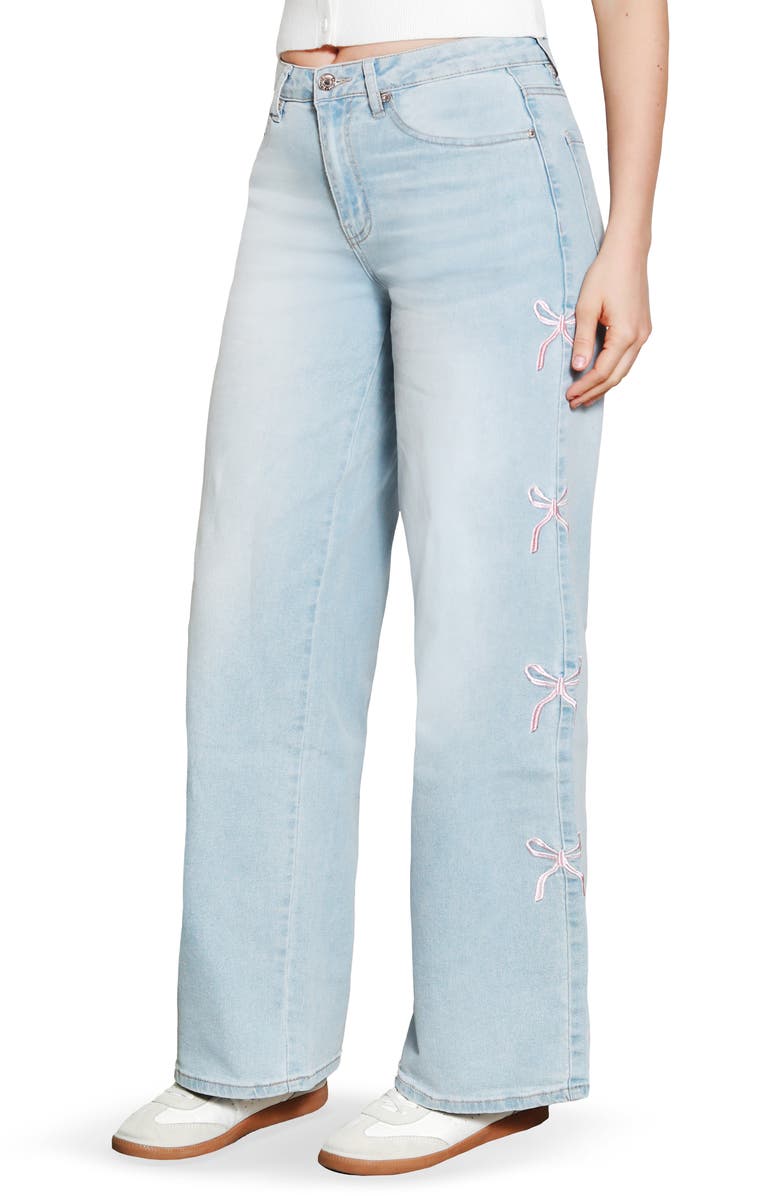 Madden Girl Bow Embroidered '90s Wide Leg Jeans, Alternate, color, Light Wash