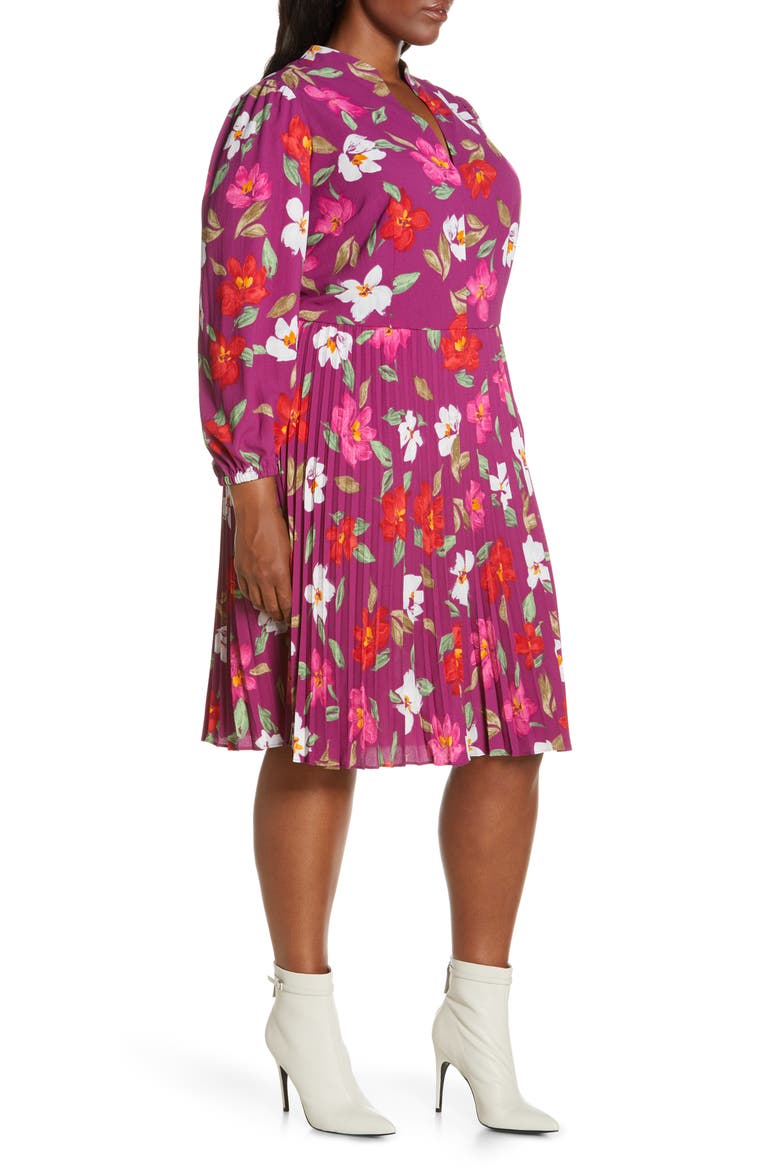 Floral Pleated Long Sleeve Fit & Flare Dress, Alternate, color, WINE/ RASPBERRY