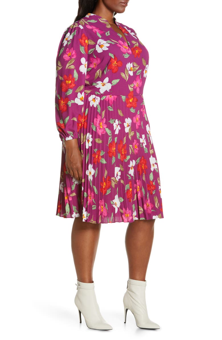 Maggy London Floral Pleated Long Sleeve Fit & Flare Dress, Alternate, color, Rose Wine/ Raspberry